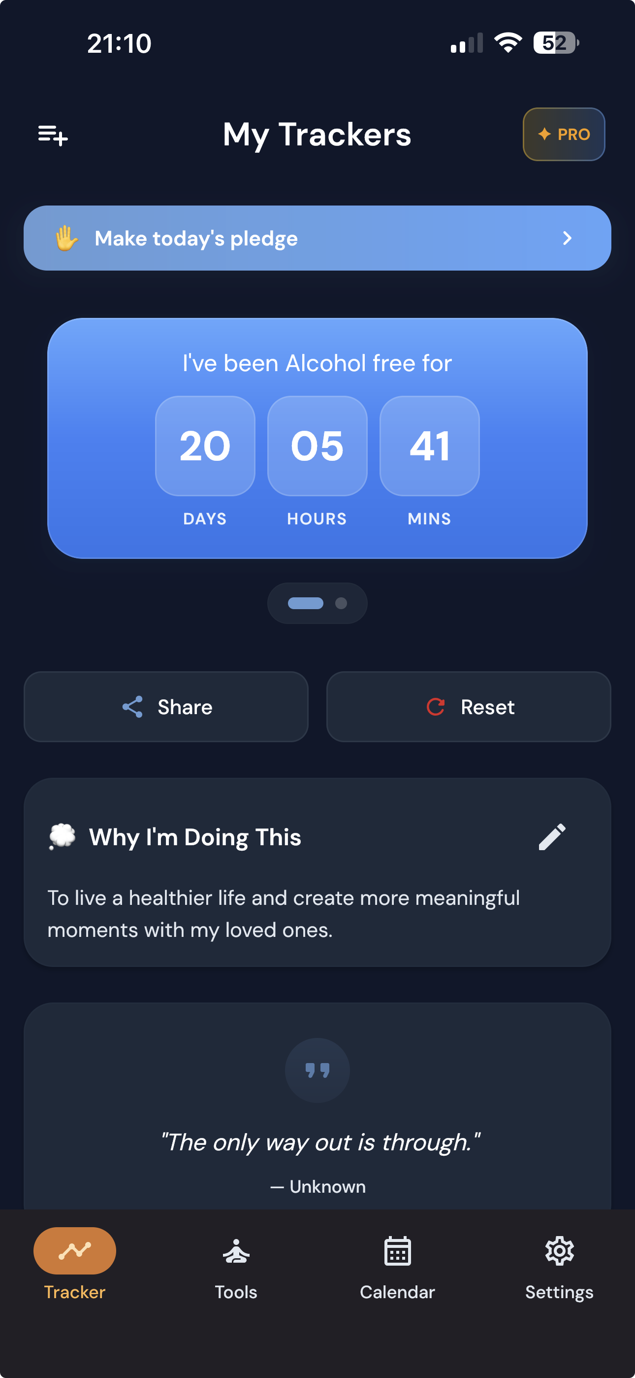 SobrTrack app home screen showing a live sobriety countdown